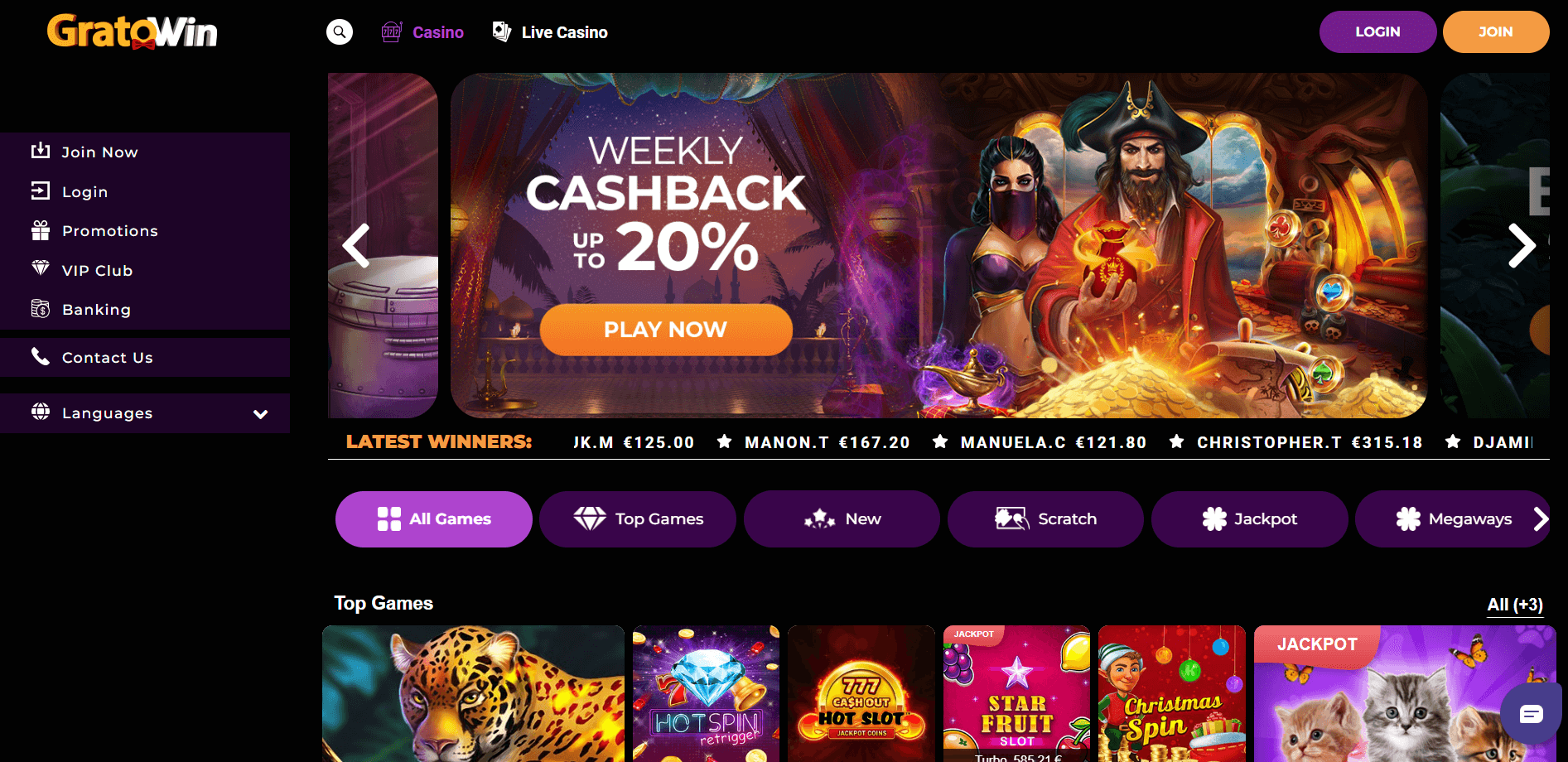 GratoWin casino main page