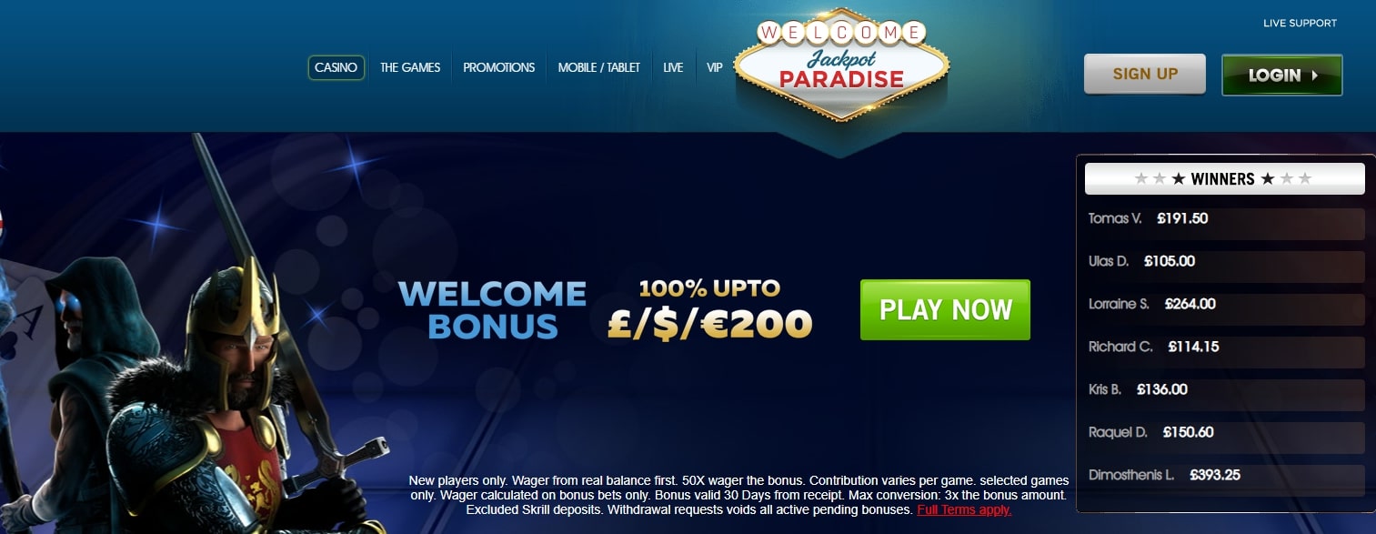 Jackpot Paradise Casino main page and welcome bonus