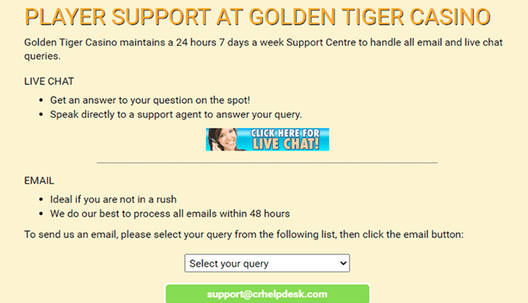 Support Centre Golden Tiger Casino