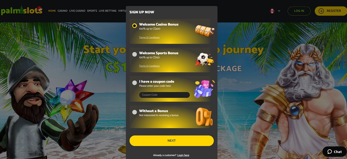 PalmSlots casino registration and login